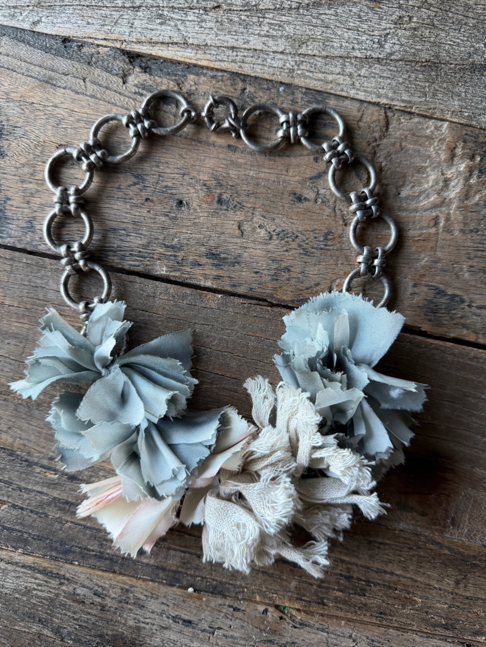 Boho Silver Chain Necklace with Gray/ Blue and Cream Fabric Flowers